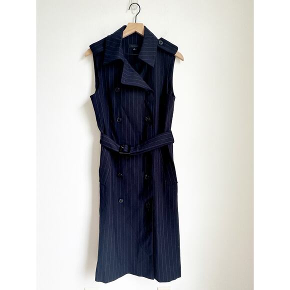Ann Taylor Pinstripe Belted Trench Vest Navy/White Combo Medium - Picture 5 of 9